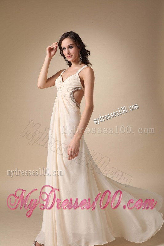 Cheap Champagne Straps Floor-length Beading and Ruching Maxi Dress