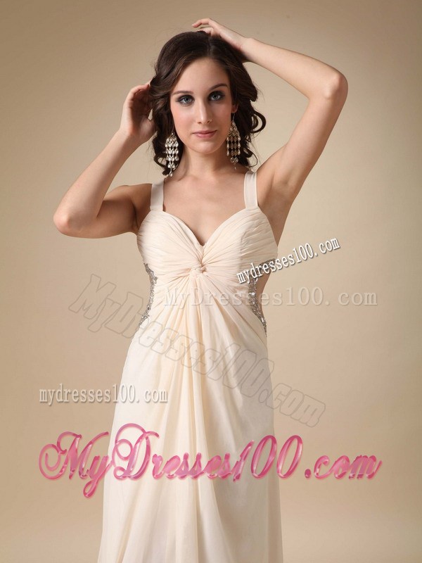 Cheap Champagne Straps Floor-length Beading and Ruching Maxi Dress
