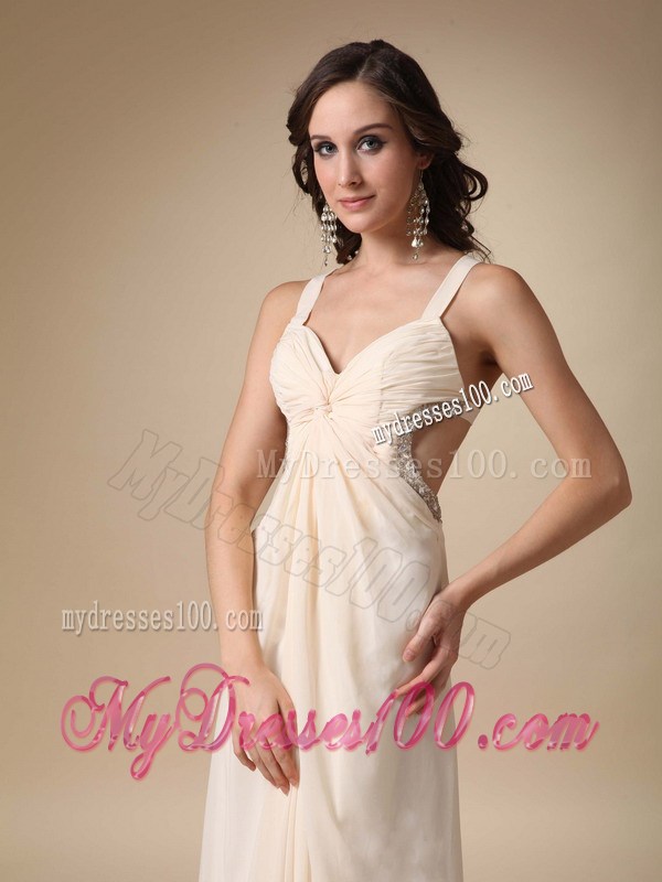 Cheap Champagne Straps Floor-length Beading and Ruching Maxi Dress