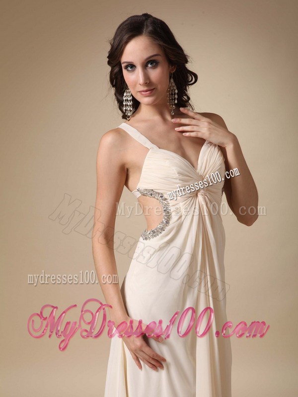 Cheap Champagne Straps Floor-length Beading and Ruching Maxi Dress