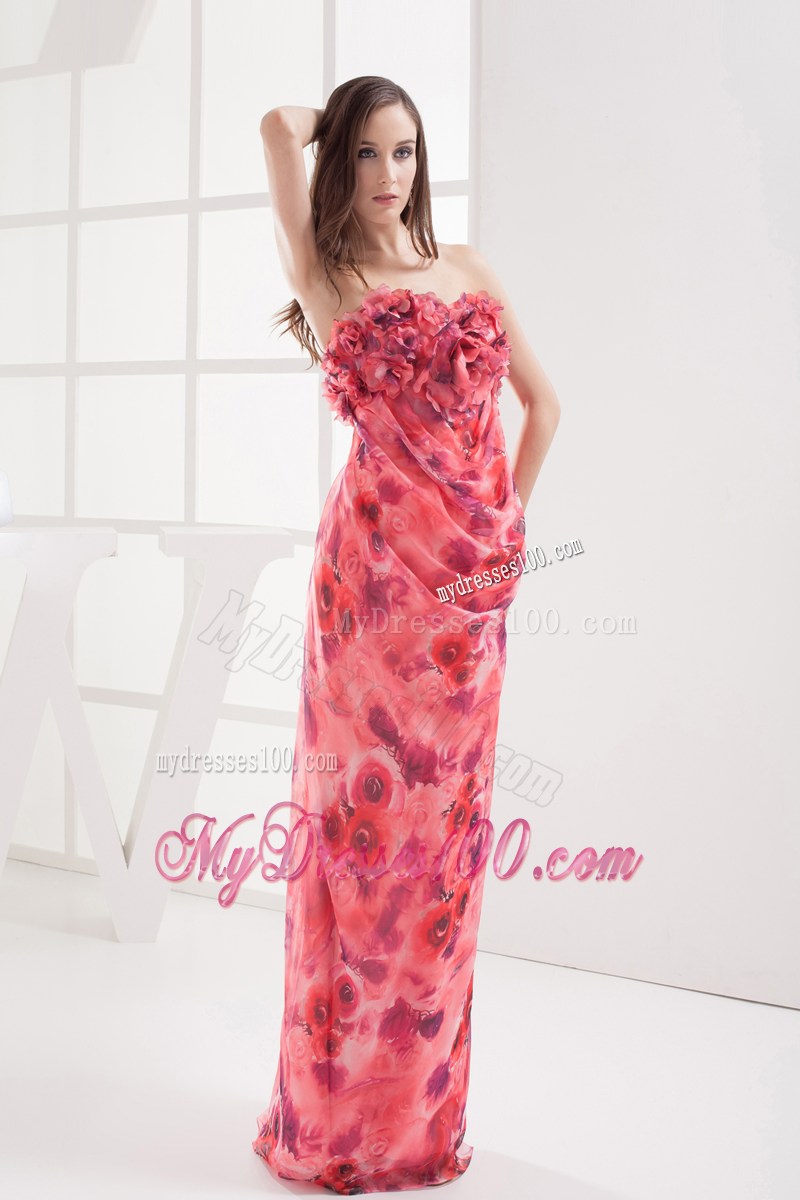 Coral Red Column Strapless Printing Hand Made Flowers Maxi Dress