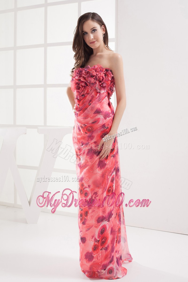 Coral Red Column Strapless Printing Hand Made Flowers Maxi Dress