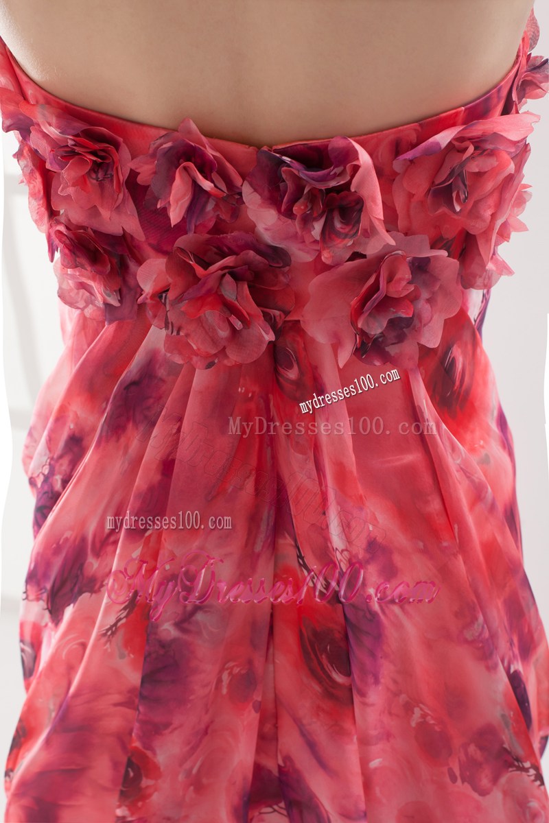 Coral Red Column Strapless Printing Hand Made Flowers Maxi Dress