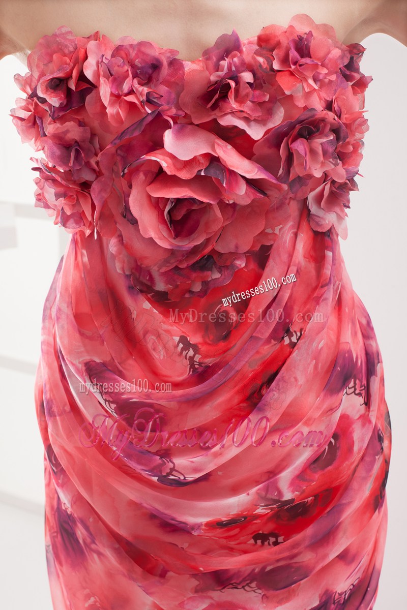 Coral Red Column Strapless Printing Hand Made Flowers Maxi Dress