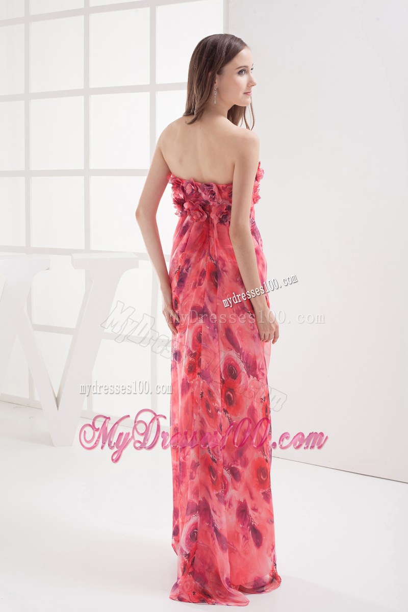 Coral Red Column Strapless Printing Hand Made Flowers Maxi Dress