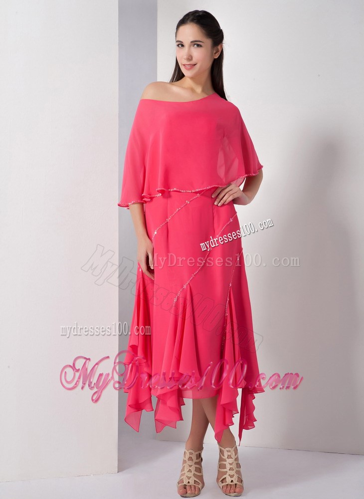 Unique Coral Red Empire Strapless Tea-length Beading Maxi Dresses