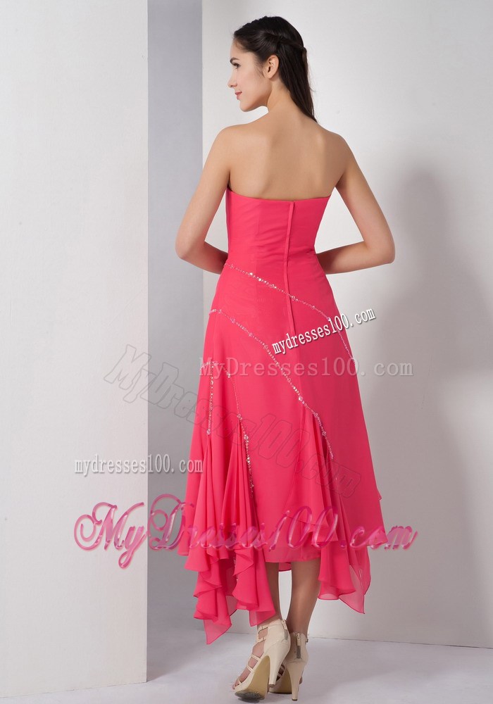 Unique Coral Red Empire Strapless Tea-length Beading Maxi Dresses
