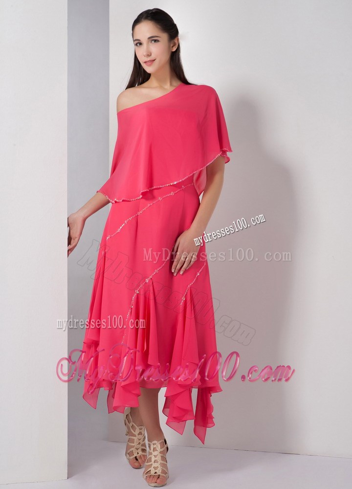Unique Coral Red Empire Strapless Tea-length Beading Maxi Dresses