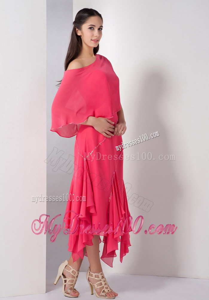 Unique Coral Red Empire Strapless Tea-length Beading Maxi Dresses