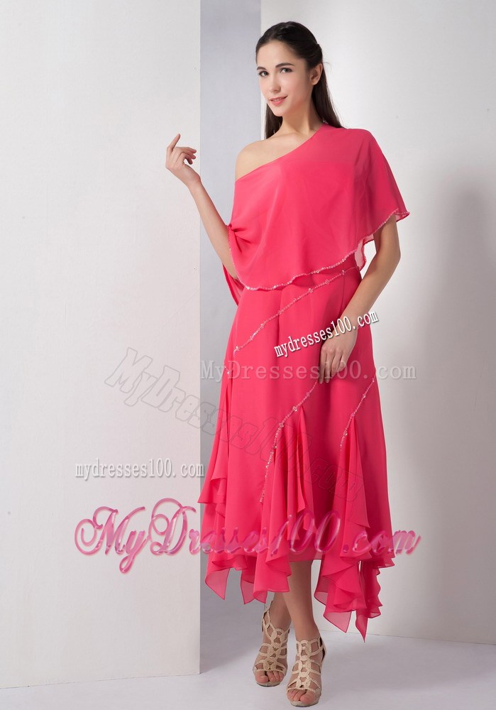 Unique Coral Red Empire Strapless Tea-length Beading Maxi Dresses