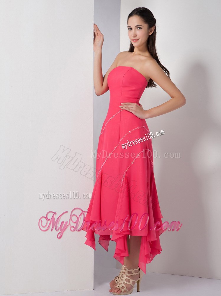 Unique Coral Red Empire Strapless Tea-length Beading Maxi Dresses