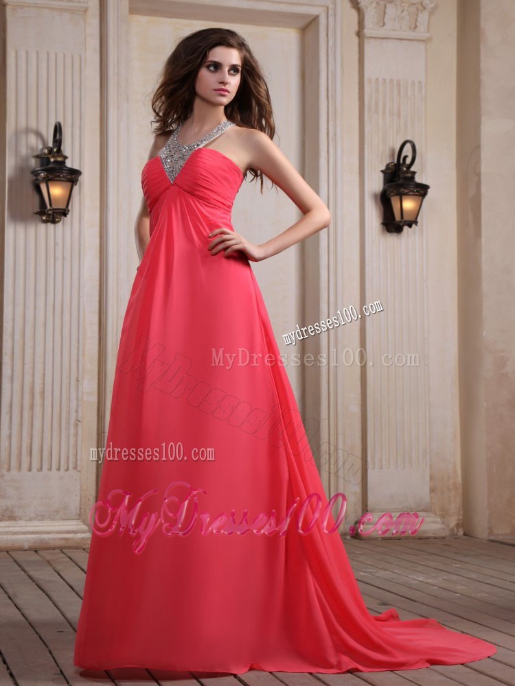 Cheap Coral Red Maxi Dresses With Beaded V-neck Court Train Empire
