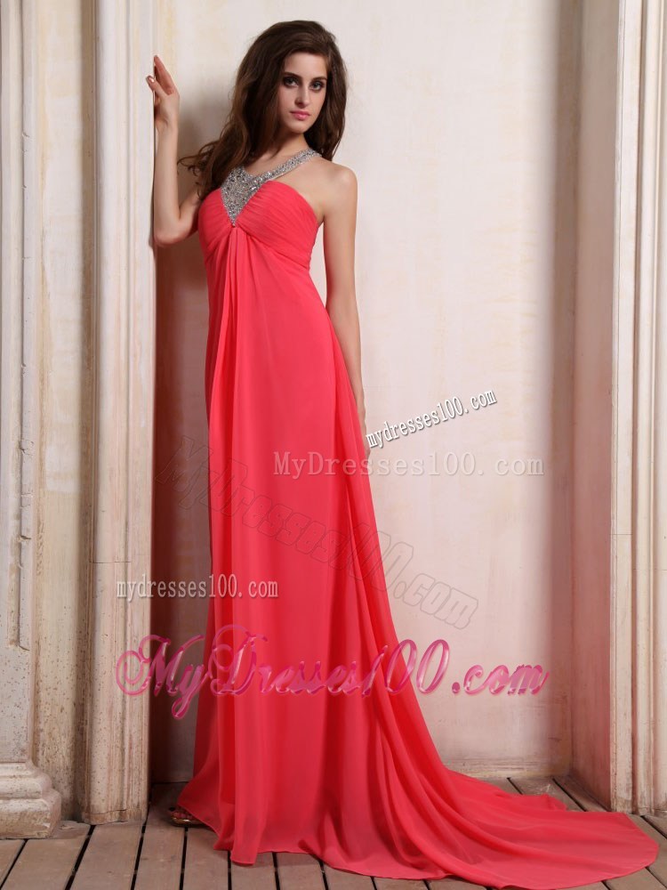 Cheap Coral Red Maxi Dresses With Beaded V-neck Court Train Empire