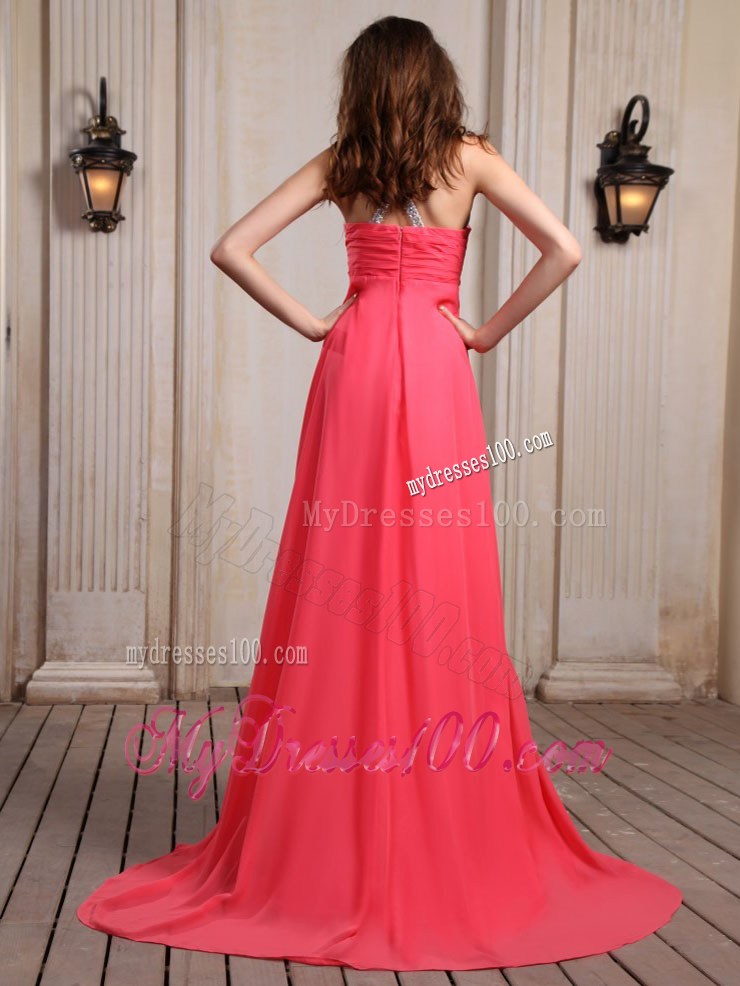 Cheap Coral Red Maxi Dresses With Beaded V-neck Court Train Empire