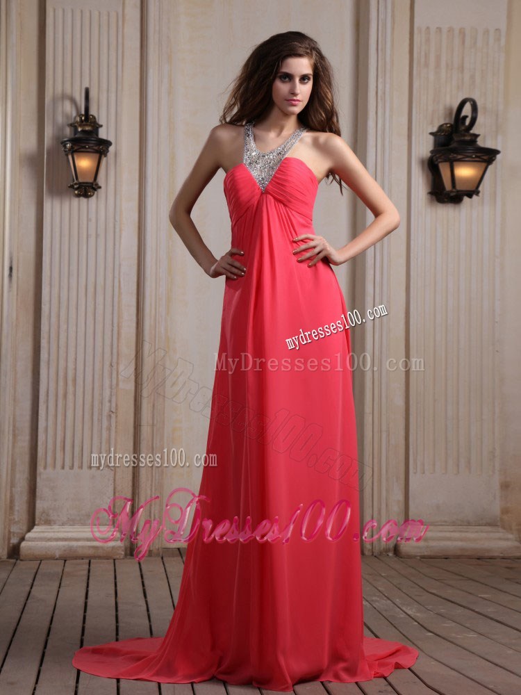Cheap Coral Red Maxi Dresses With Beaded V-neck Court Train Empire