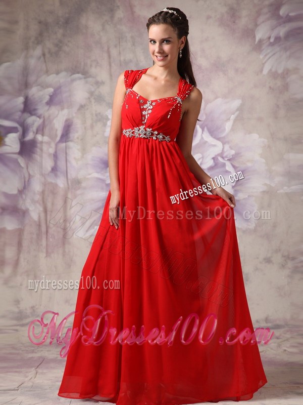 Simple Red Empire Princess Straps Floor-length Beading Maxi Dresses
