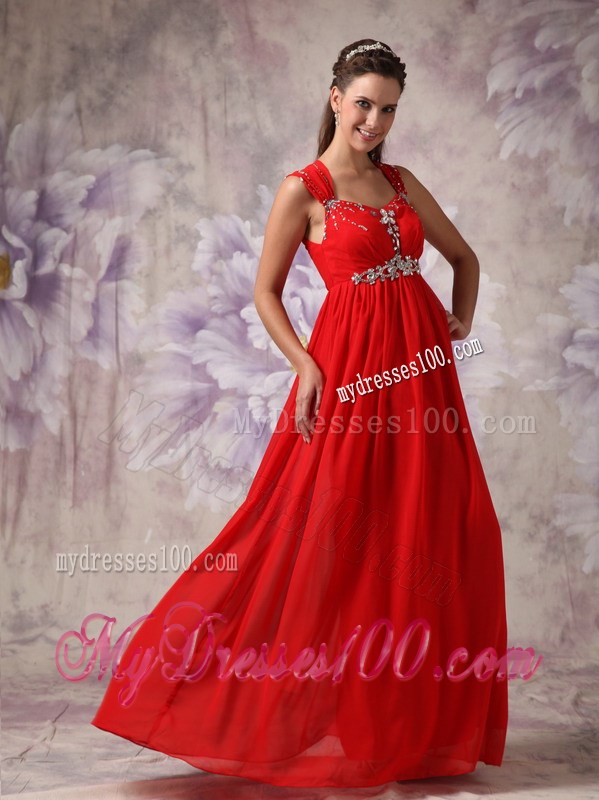 Simple Red Empire Princess Straps Floor-length Beading Maxi Dresses