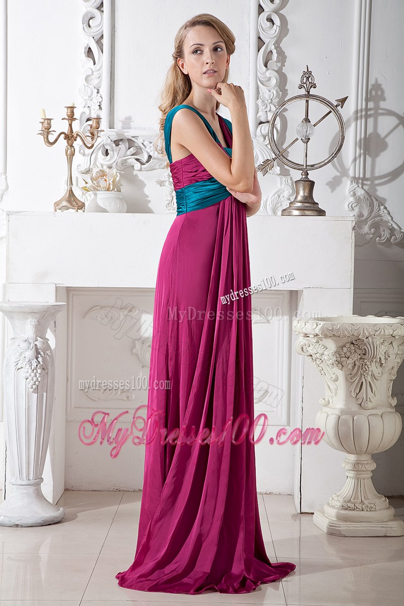 Simple Fuchsia Empire Straps Brush Train Ruching Summer Maxi Dress
