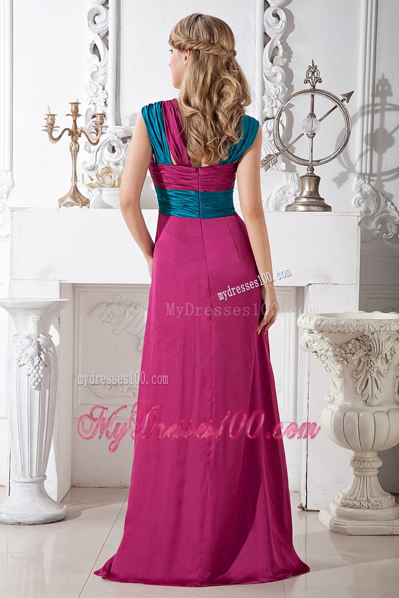 Simple Fuchsia Empire Straps Brush Train Ruching Summer Maxi Dress