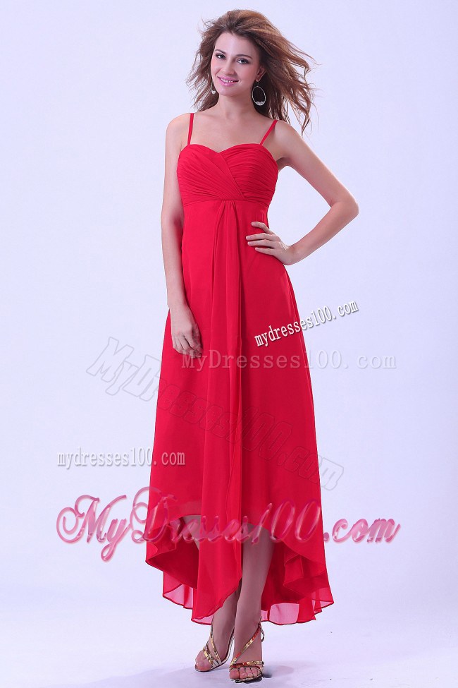 High-low Spaghetti Straps Coral Red For Custom Made Maxi Dresses