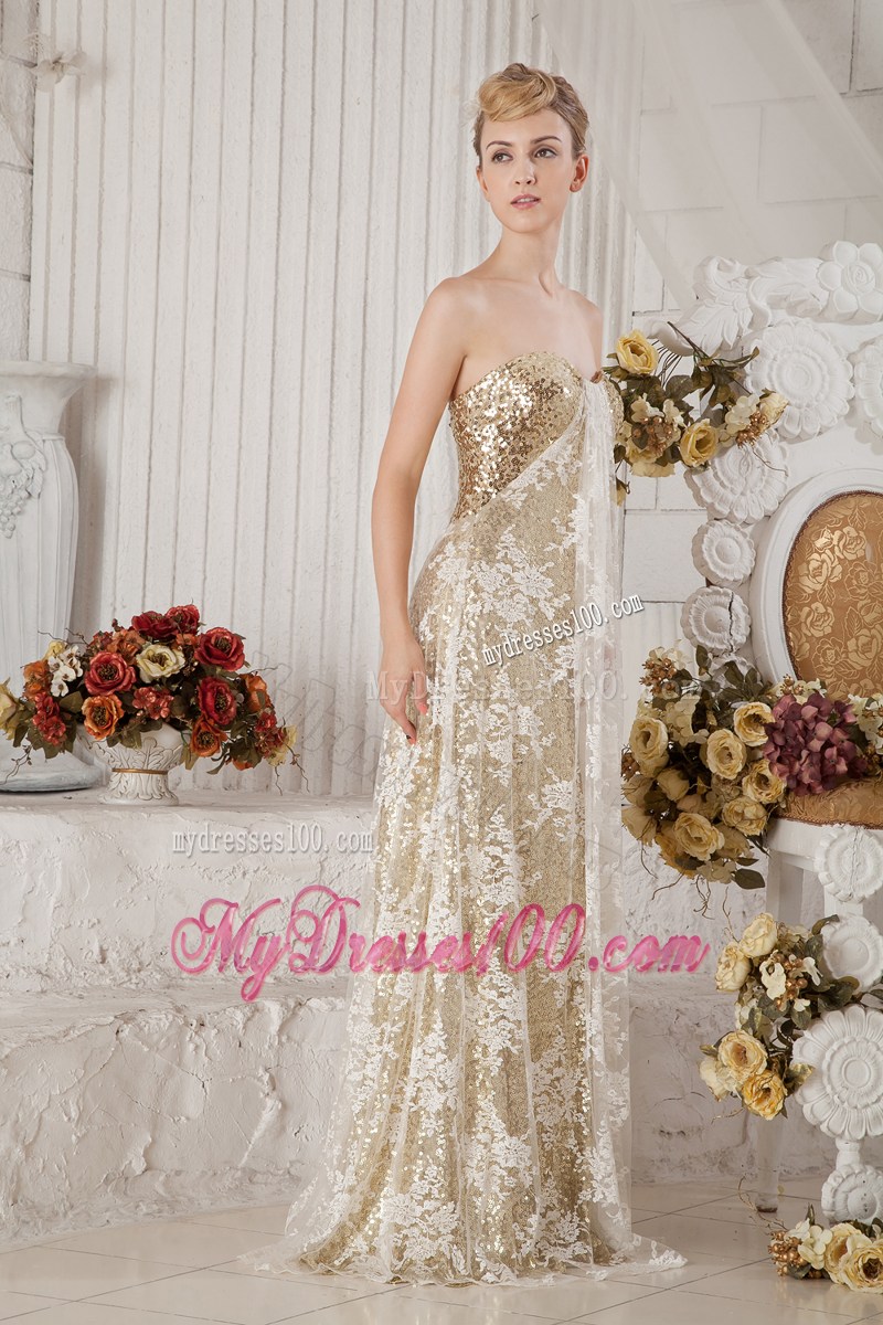 Best Selling Gold Sequin and Lace Champagne Covered Prom Dress