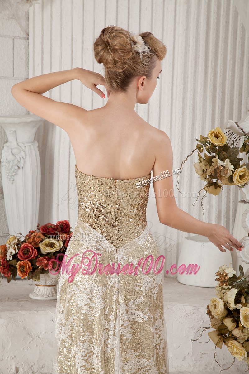 Best Selling Gold Sequin and Lace Champagne Covered Prom Dress