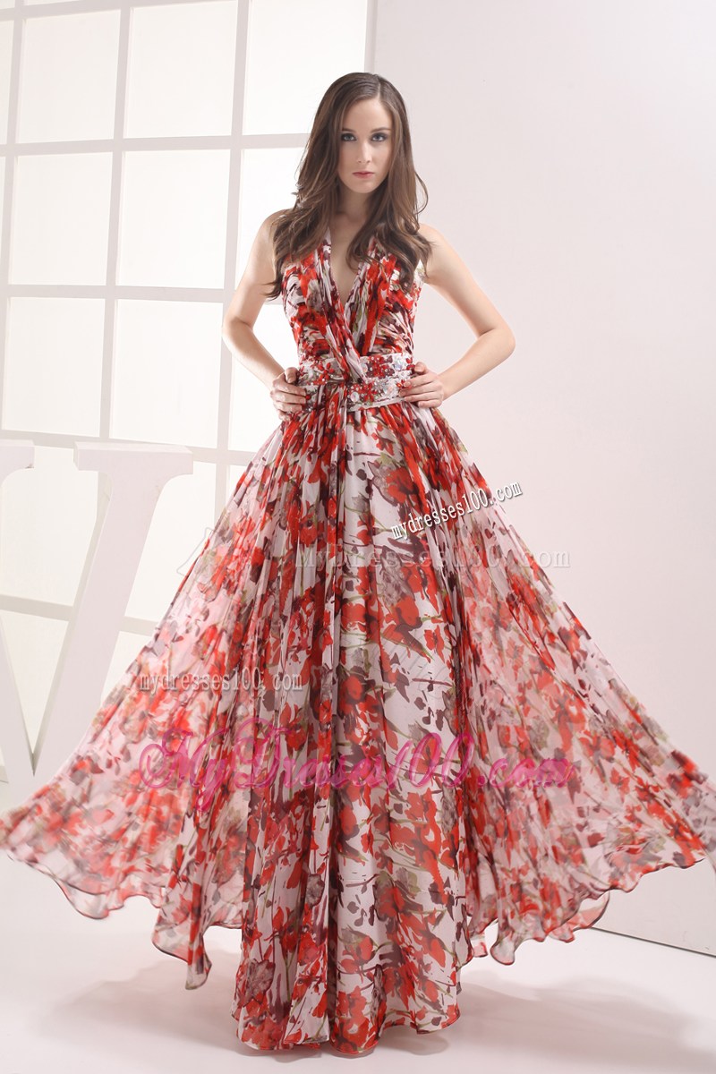 Cheap Multi-color Empire Halter Beading Ruching Summer Maxi Dress