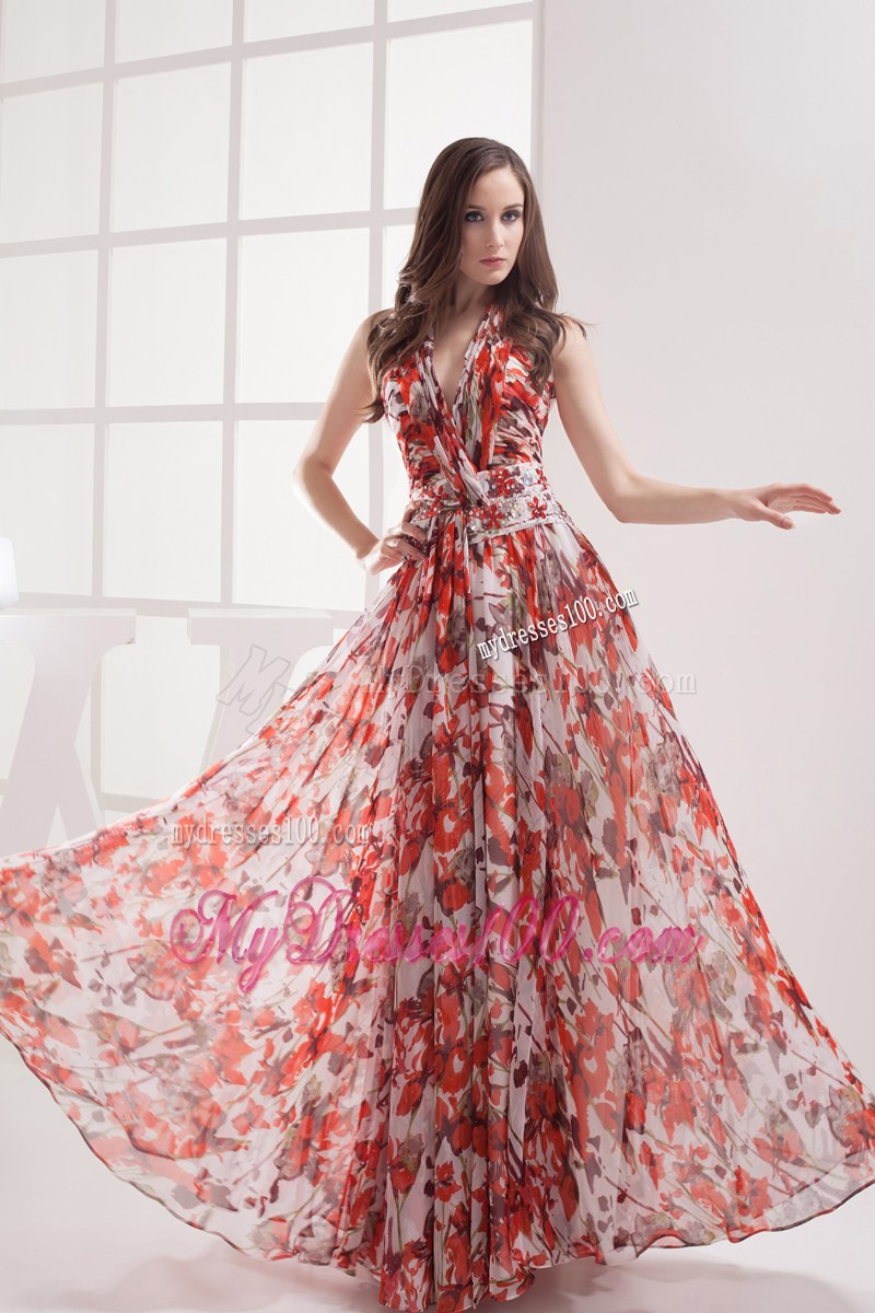 Cheap Multi-color Empire Halter Beading Ruching Summer Maxi Dress