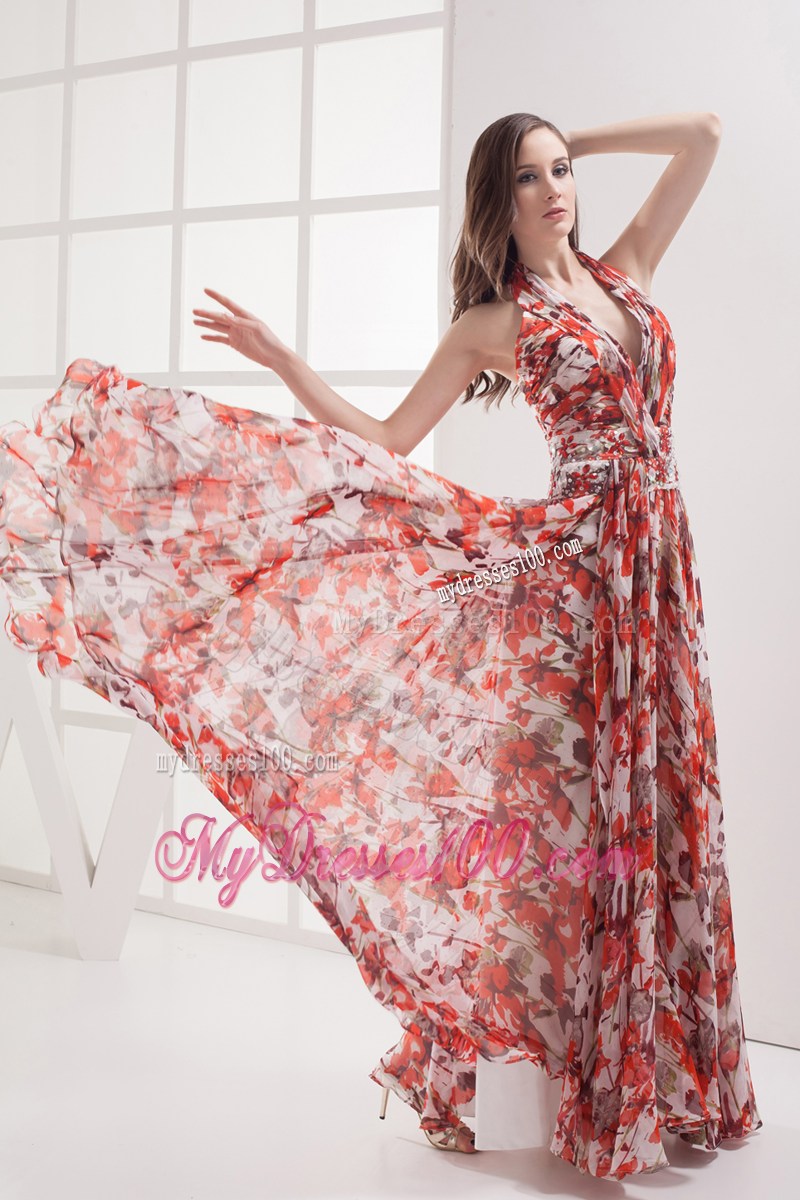 Cheap Multi-color Empire Halter Beading Ruching Summer Maxi Dress