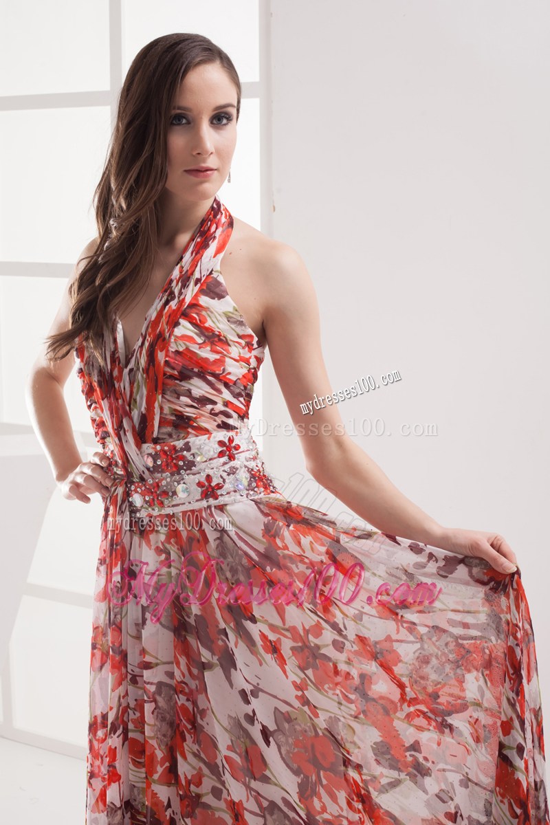 Cheap Multi-color Empire Halter Beading Ruching Summer Maxi Dress