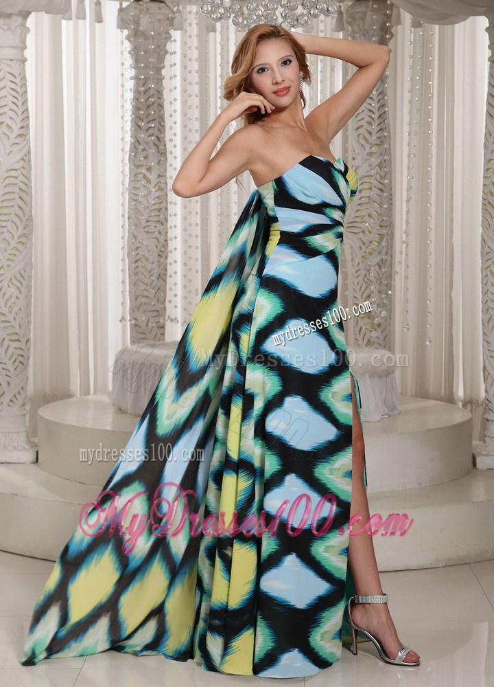 Multi-color Printing High Slit Watteau Train Sweetheart Maxi Dresses