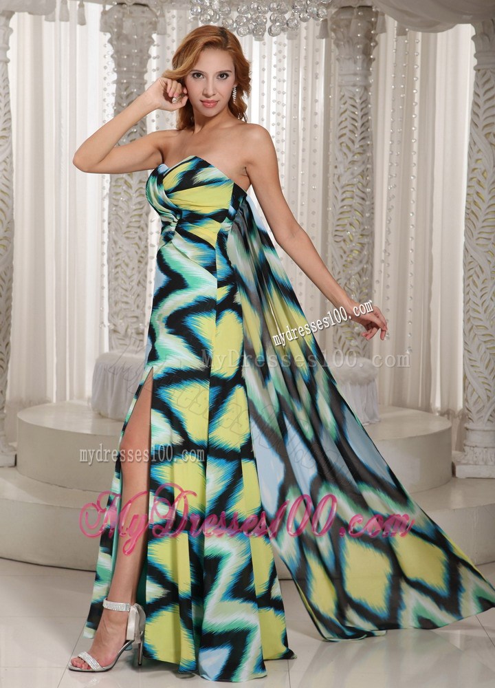 Multi-color Printing High Slit Watteau Train Sweetheart Maxi Dresses