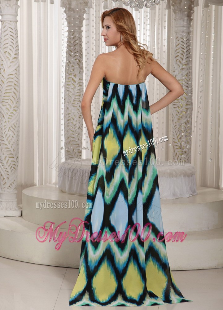 Multi-color Printing High Slit Watteau Train Sweetheart Maxi Dresses