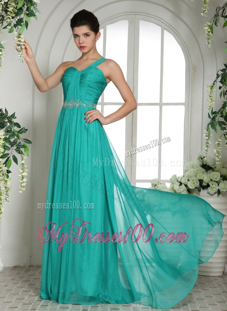 Wholesale Turquoise Ruches and Beading One Shoulder Maxi Dresses