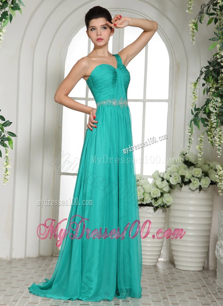 Wholesale Turquoise Ruches and Beading One Shoulder Maxi Dresses