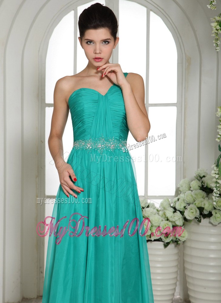 Wholesale Turquoise Ruches and Beading One Shoulder Maxi Dresses