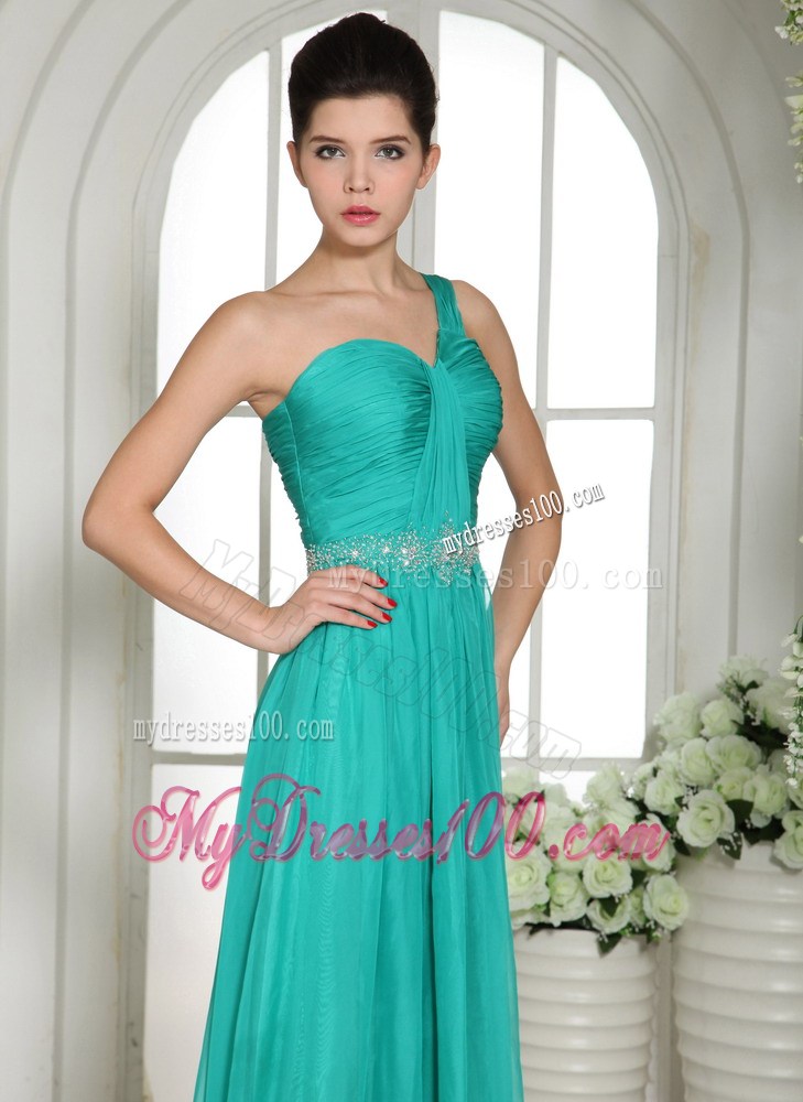 Wholesale Turquoise Ruches and Beading One Shoulder Maxi Dresses