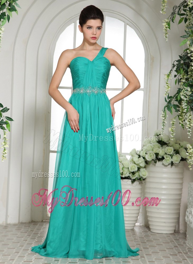 Wholesale Turquoise Ruches and Beading One Shoulder Maxi Dresses
