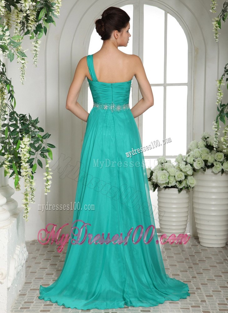 Wholesale Turquoise Ruches and Beading One Shoulder Maxi Dresses