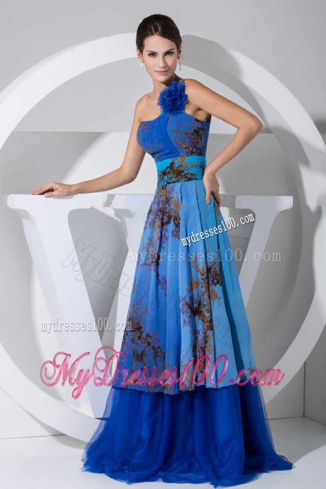 2013 Printing Hand Made Flower Blue Tulle Brush Train Maxi Dresses