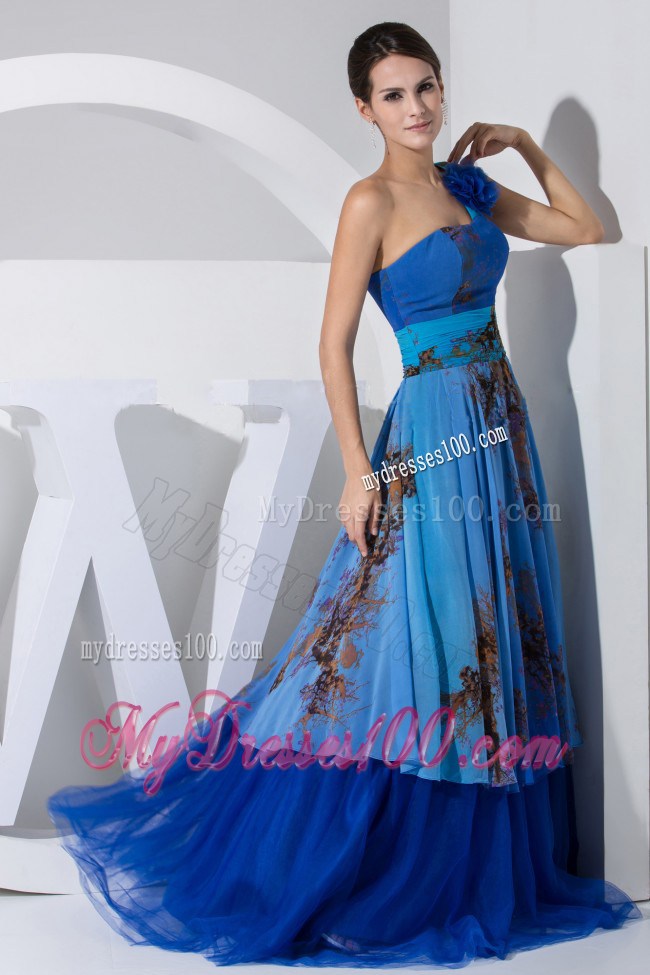 2013 Printing Hand Made Flower Blue Tulle Brush Train Maxi Dresses
