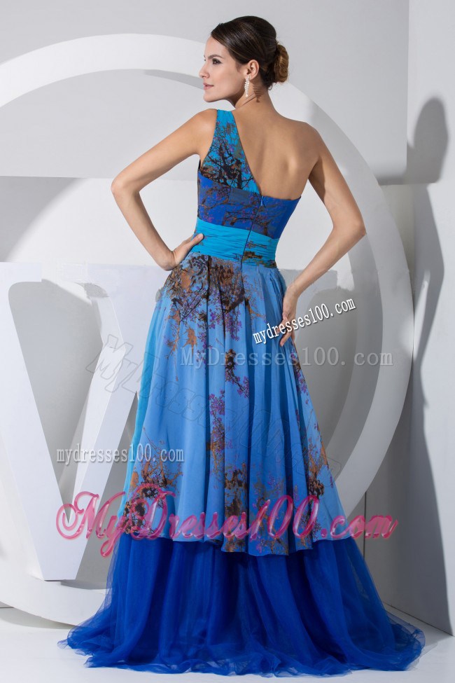 2013 Printing Hand Made Flower Blue Tulle Brush Train Maxi Dresses