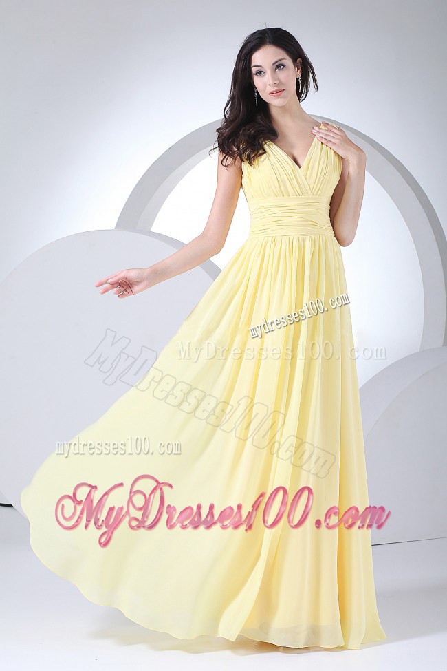 Ruching Decorate Bodice Light Yellow V-neck 2013 Long Maxi Dresses