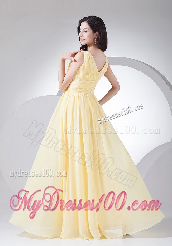 Ruching Decorate Bodice Light Yellow V-neck 2013 Long Maxi Dresses