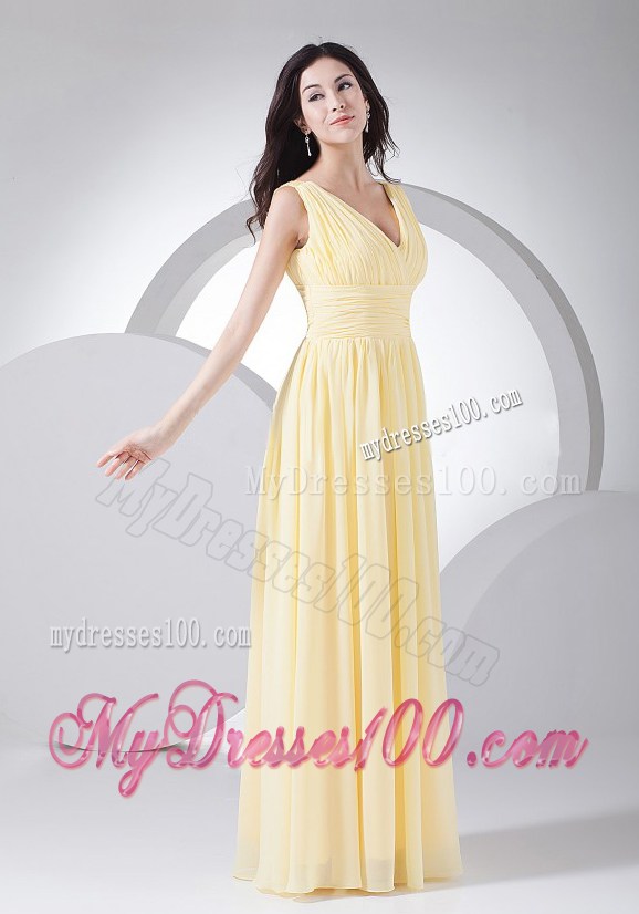 Ruching Decorate Bodice Light Yellow V-neck 2013 Long Maxi Dresses