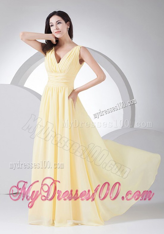 Ruching Decorate Bodice Light Yellow V-neck 2013 Long Maxi Dresses