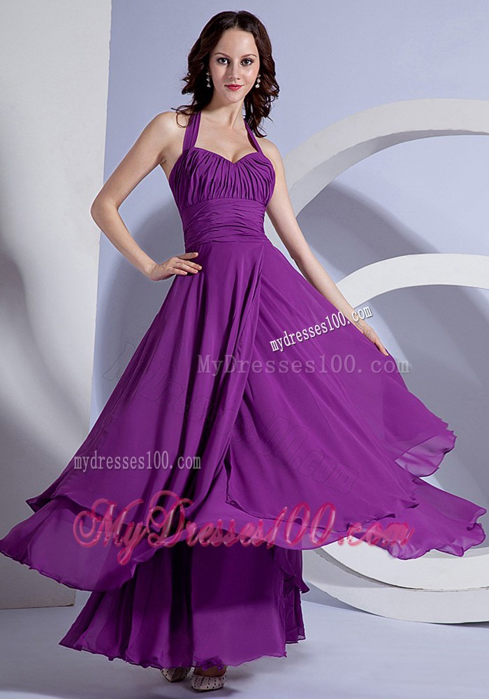 Ruching Decorate Up Bodice Purple Ankle-length Halter 2013 Maxi Dresses