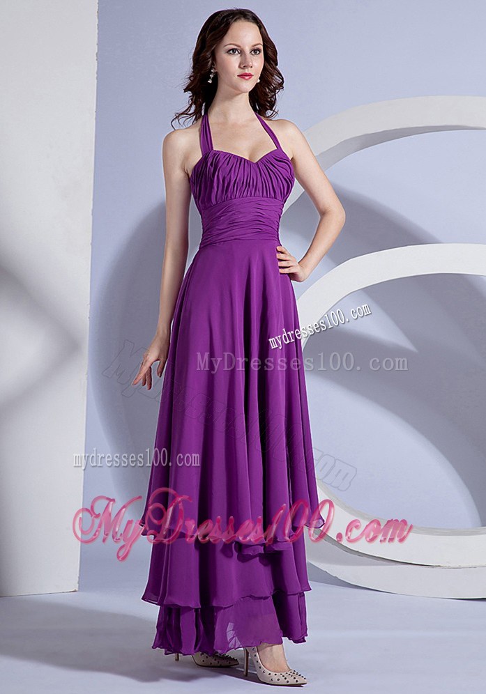 Ruching Decorate Up Bodice Purple Ankle-length Halter 2013 Maxi Dresses