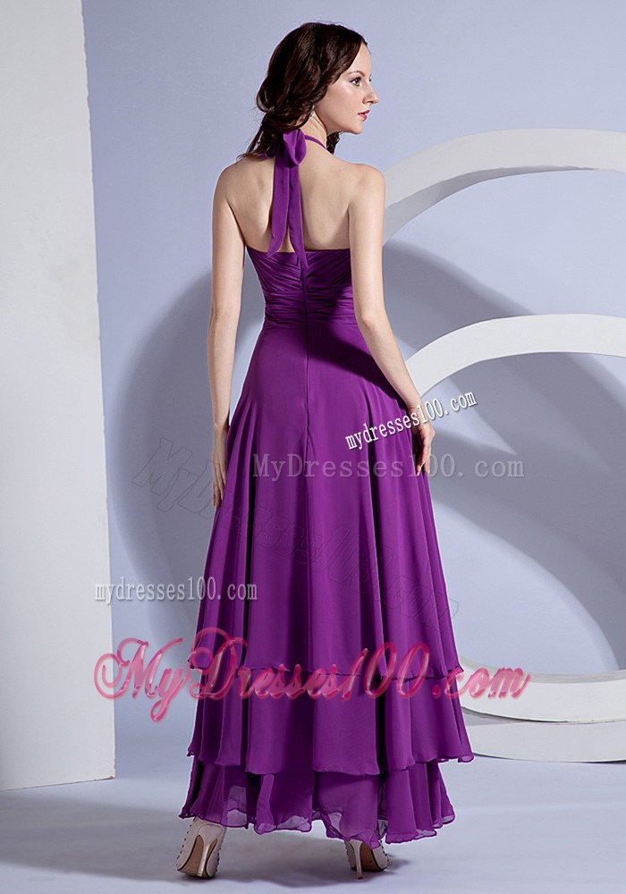 Ruching Decorate Up Bodice Purple Ankle-length Halter 2013 Maxi Dresses