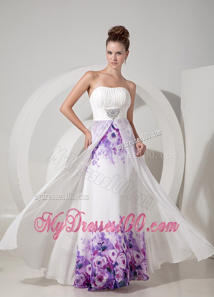 Popular White Empire Strapless Maxi Dresses Printing Beading Floor-length